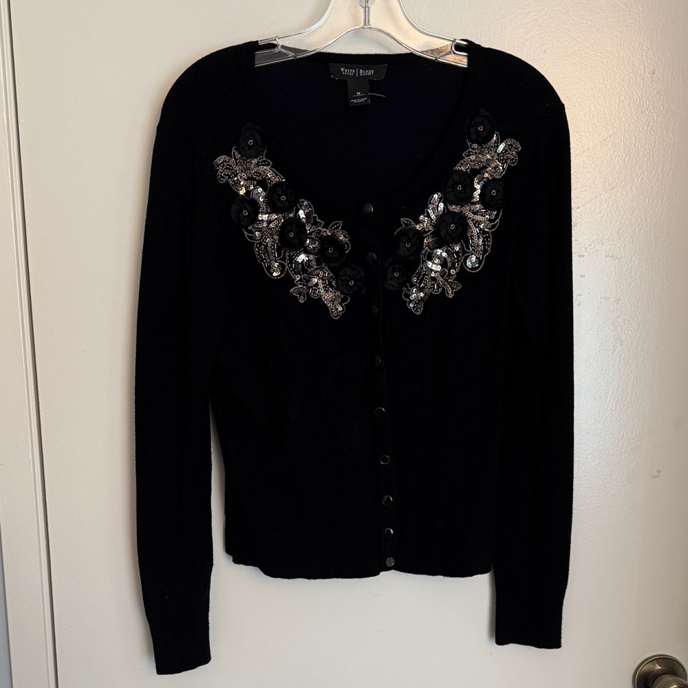 WHBM Black Cardigan with Sequin & Floral Applique size M